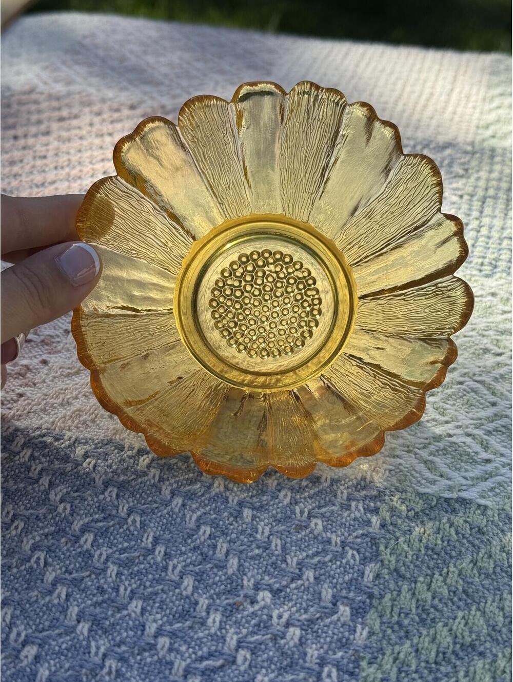 Vintage Amber Glass Flower Shaped Dish